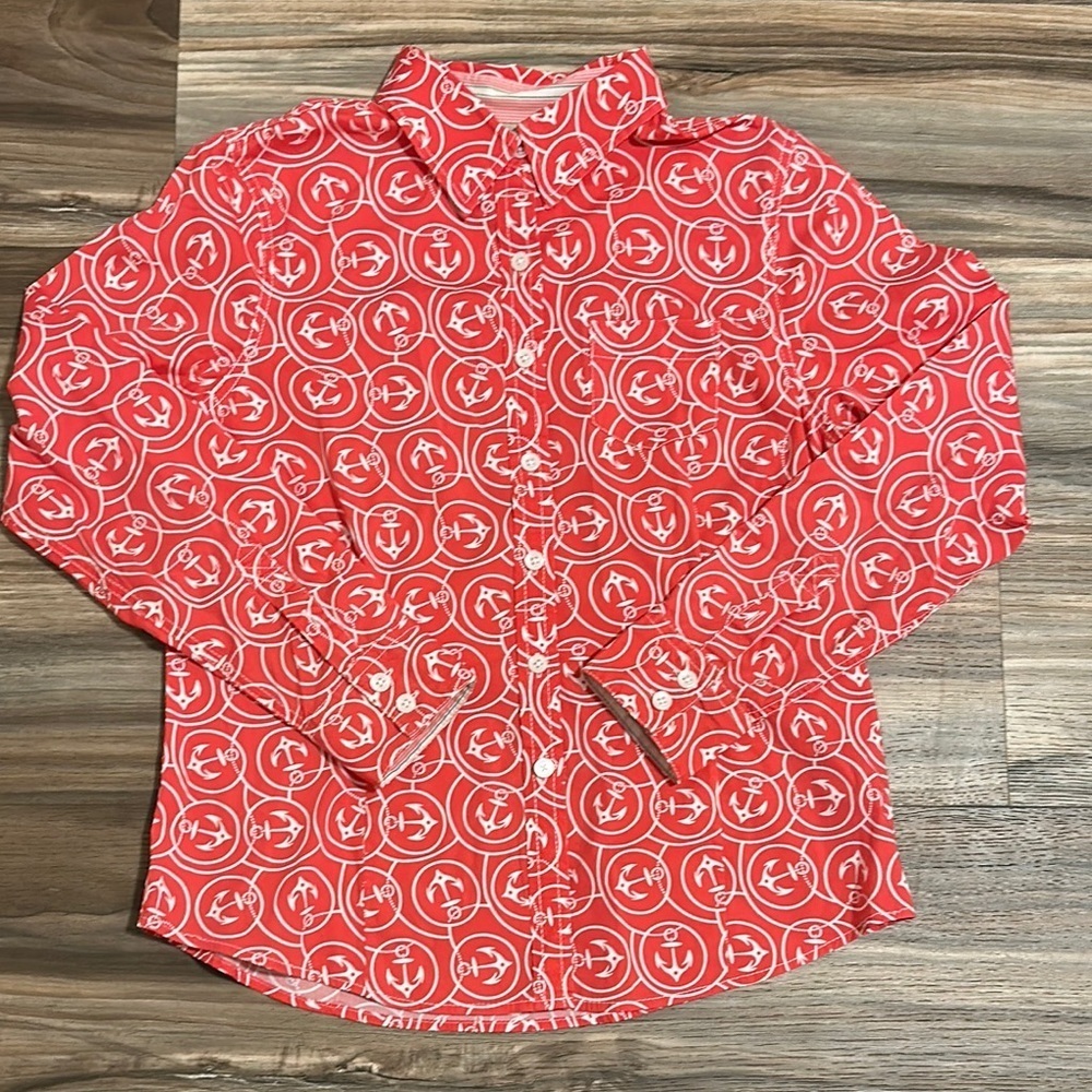 LL Bean Top Medium Pink White Anchors Nautical Button-Front Stretch Shirt Womens